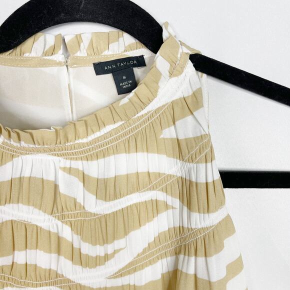 New Ann Taylor Medium Cream Tan Zebra Print Ruffle Smocked Neck Sleeveless Top - Picture 5 of 12